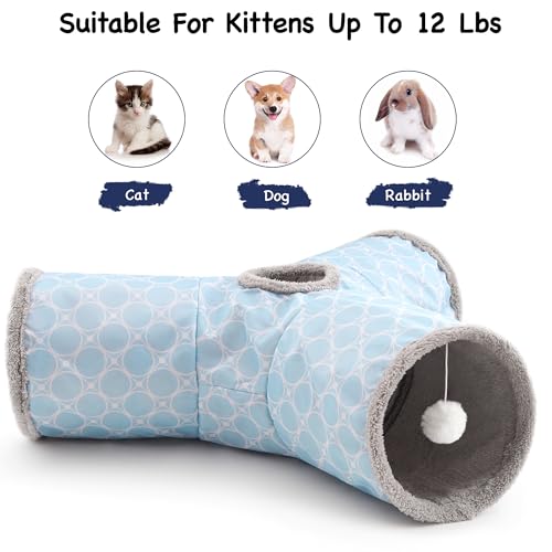 Cat Tunnel, 3-Way Collapsible Toy for Indoor Cats, Geometry Blue (Geometry Blue / Small)