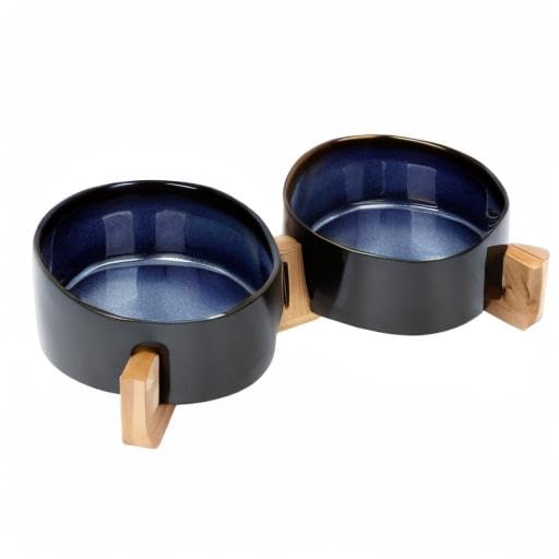 Ceramic Dog and Cat Bowl Set with Wooden Stand (3.6 cups / Starry Blue × 2)