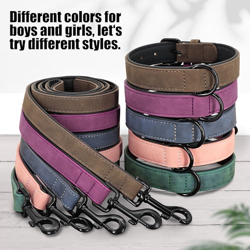 PU Leather Dog Collar and Leash Set (L: Neck 14-18", Width 1" / Green Set)