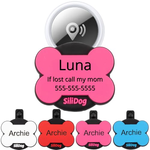 Personalized Engraved Silicone Dog ID Tag with Tracker Holder (Pink / AirTag-Holder)