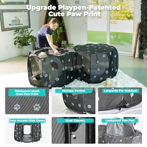 2-in-1 Pop Up Dog Playpen Cat Pet Puppy Playpen, Non-Detachable (Black Mesh / 83.5"L x 41.4"W x 32.3"H)