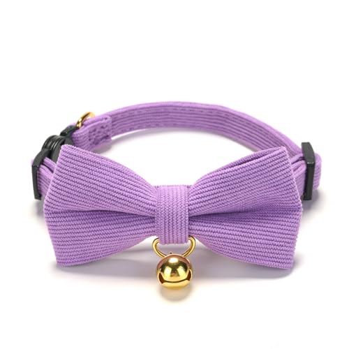 2 Pack Soft Corduroy Cat Collars with Bow Tie & Bell Adjustable Breakaway Kitten Bowtie Collar for Girl Cats (S:Neck 7.0" - 11.0" / Corduroy-Pink Purple)