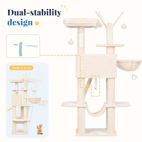 Cat Tree Tower with Padded Platform Bed (53 Inch / Beige)