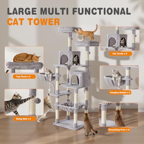 Tall 71 inch Cat Tree Tower with Scratching Posts (Light Grey / 71×21.3×17.3IN)