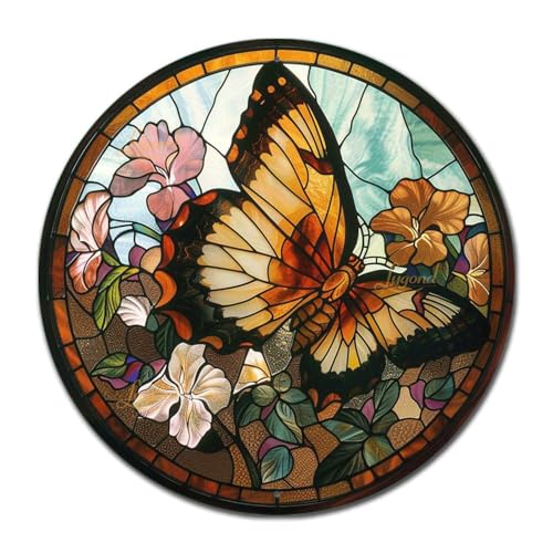 Metal Sign Tin Sign Circular Stained Glass Butterfly Inspirational Wall Art for Garage 12×12 Inches (12×12 Inches / Butterfly-3)