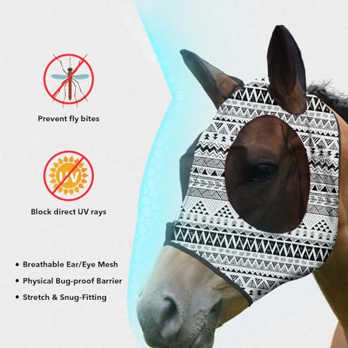 Super Comfort Stretchy Fly Mask Large Eye Space with UV Protection Soft on Skin with Breathability Doodle Aztec Full Size (Full(Large) / Doodle Aztec)