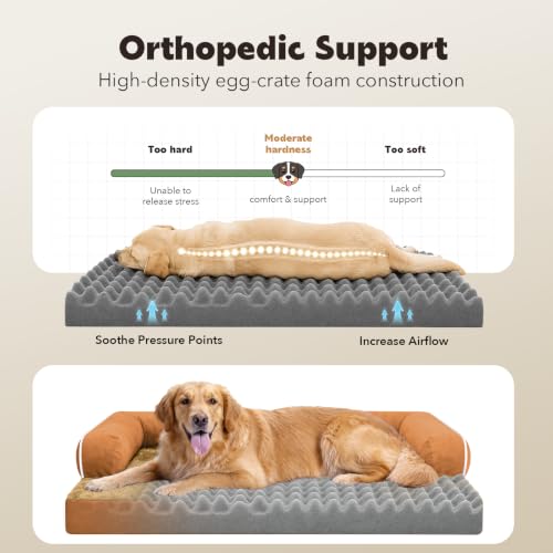 Orthopedic Waterproof Jumbo Dog Bed with Bolster for Extra Large Dogs (53.0"L x 42.0"W x 8.0"Th / Orange)