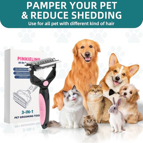 3-IN-1 Pet Grooming Tool - Undercoat Rake, Dematting Comb & Deshedding Brush for Cats, Dogs, Horses - Removes Mats, Tangles & Loose Fur, Reduces Shedding & Prevents Hair Mess (Pink) (Pink)
