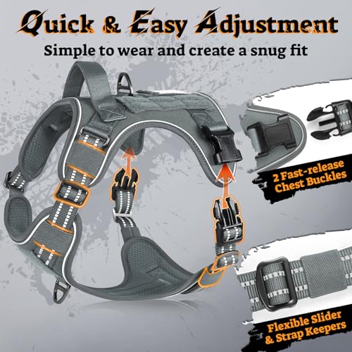 Tactical Dog Harness for Large Dogs (Xl(chest:23.6"-41.8",neck:21.7"-32.3",back:9.1") / Grey)