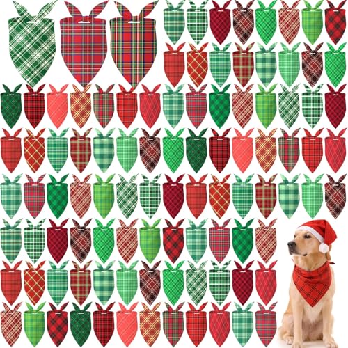 100 Pcs Christmas Plaid Dog Bandanas Bulk (Christmas Plaid / 31.5 x 21.7 x 21.7 Inch)
