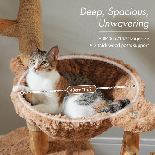 Modern Cat Tree with Real Wood&Wicker Basket for Large Cats Brown (Brown)
