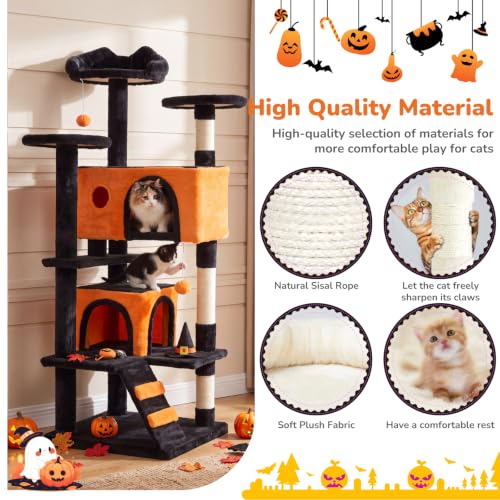 54 inch Cat Tree Tower with Scratching Posts (Black & Orange / 54IN)