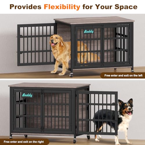 42"/41"/33" XL Dog Crate Furniture with Casters, Heavy Duty Dog Kennel Indoor for Large and Medium Dogs, Double-Doors Sturdy Dog Cage for Anxiety Dog, Decorate House as TV Stand, Bedside Table (42.1"L x 29.3"W x 31.2"H / Grey)