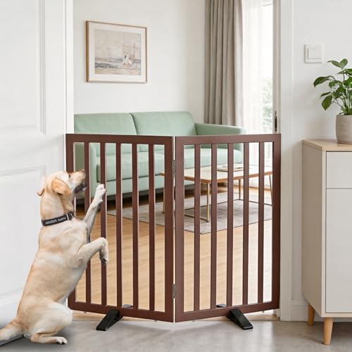 Freestanding Indoor Dog Gate for House Foldable Wood Puppy Gate for Doorways Pet Gate for Stairs Extra Wide Pet Fence (Brown / 【2 Panels】40''w x 32''h)