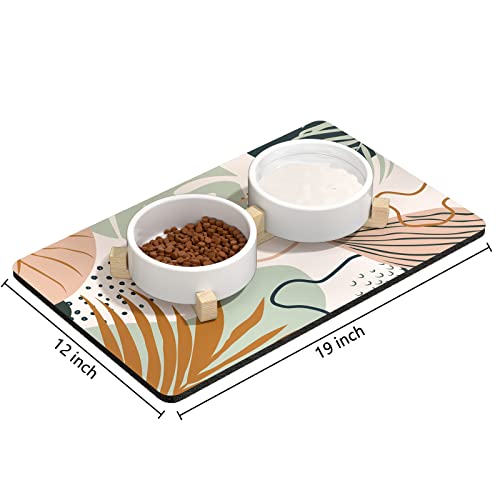 Dog Food Mat 12" x 19" Boho Absorbent Dog Cat Bowl Mat for Food and Water (Boho Tropical Leaves / 12"L x 19"W)