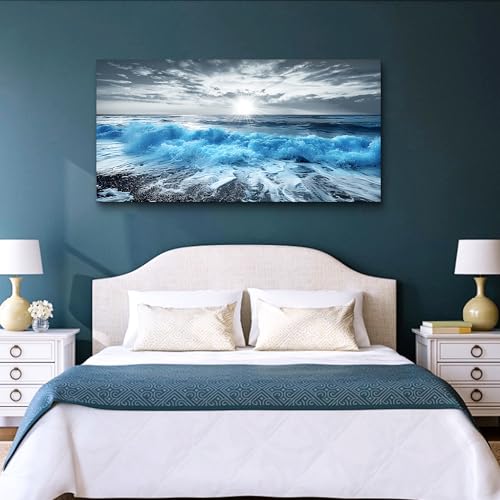 Framed Wall Art For Living Room Large Canvas Wall Decor For Office Blue Beach Painting Ocean Sea Waves Wall Pictures Bedroom Home Decorations Prints Posters Mural Artwork Ready to hang (48"L x 24"W / Blue Beach Ocean Painting)