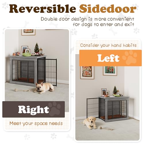 Wooden Dog Crate Furniture with Thick Cushion (S(27.3" x 20.1" x 23.7") / Grey)