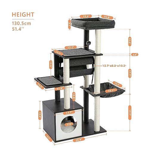51.4in 6 Level Cat Tree for Indoor Cats with Swing Tunnel (Grey / L(25.6"L x 15.7"W x 51.4"H))