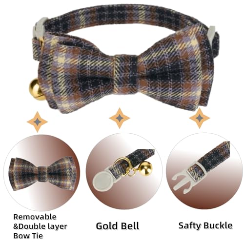 2 Pack Soft Cotton Cat Collars with Bowtie and Bell Breakaway Plaid Cat Kitten Collar (S:Neck 7.0" - 11.0" / Plaid - Ocean Blue+Mocha Tweed)