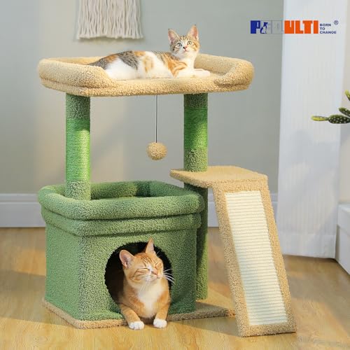 Small Cat Tree Tower for Indoor Cats with Large Perch (Green / L Plus(19.3"L x 12.2"W))