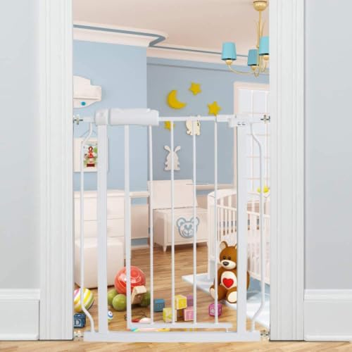 Extra Wide Pressure Mounted Baby Gate Walk Through Child Kids Safety Toddler Tension White Long Large Pet Dog Gates with Extension for doorways Kitchen (White / 24.01-29.13/61-74cm)