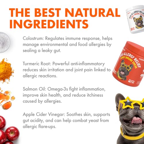Allergy Relief Chews for Dogs & Immune & Digestive Supplement with Wild Salmon Oil Kelp Colostrum Turmeric Probiotics & Bee Pollen for Seasonal Allergies Anti Itch (Allergy / 30)