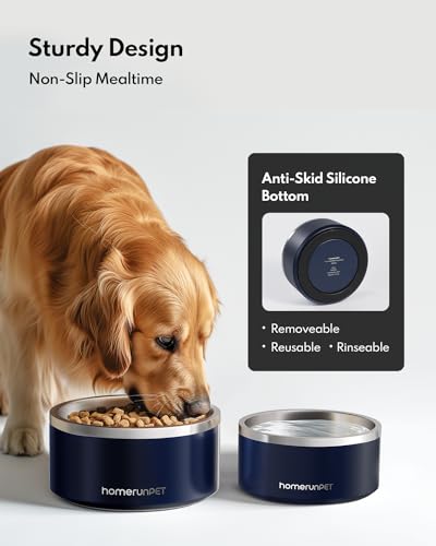 Dog Bowls Durable Dishwasher Safe Double Wall Metal Insulated Stainless Steel Food Water Bowls with Non (32oz / Navy)