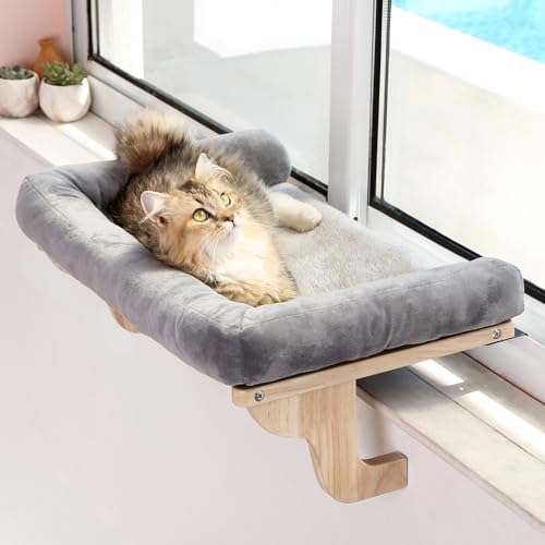 Cat Perch for Windowsill with Bolsters (Natural Color Wood with Gray Bed / 26.4''L x 15''W)