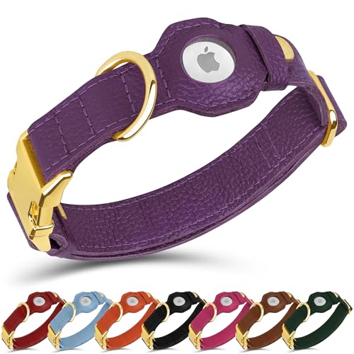 Leather Airtag Dog Collar (Purple / M, 14"-18" Neck Fit)