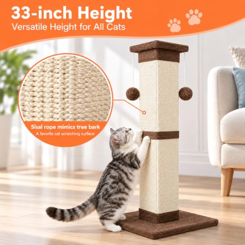 Cat Scratching Post 33 Inch Nature Sisal Cat Scratch Post for Indoor Cats (Brown)