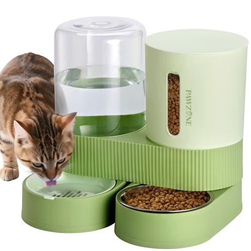Automatic Cat Feeder Stainless Steel Water Dispenser Gravity Food Feeder and Waterer Set with Pet Food Bowl for Small Medium Kitten Puppy Pets Large Capacity (Green)