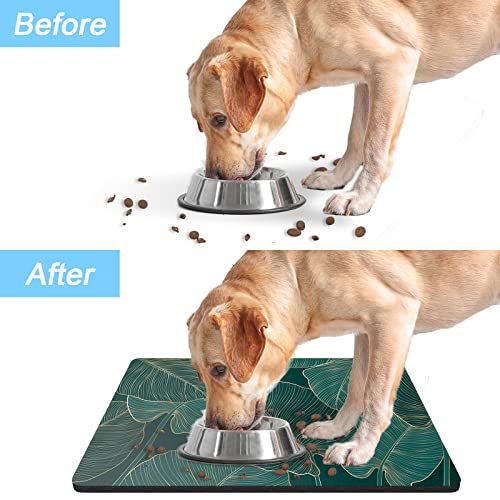 Dog Food Mat 16" x 24" Flower Absorbent Dog Cat Bowl Mat for Food and Water (Tropical Palm Leaves / 16"L x 24"W)