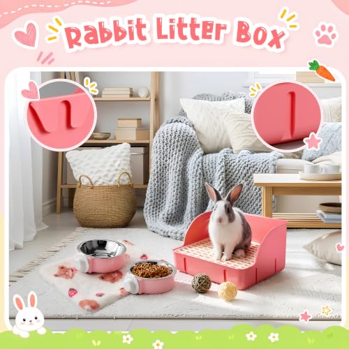 15 Pcs Rabbit Starter Kit Small Rabbit Litter Box Girls Gift Animal Grooming Kit Bunny Toys Bowl Blankets with Cleaning Set for Guinea Pig Accessories (Bright Pink‌)