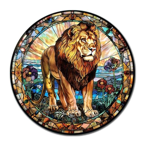 Metal Sign Tin Sign Circular Stained Glass Lion Vintage Decor for Garden 8×8 Inches (8×8 Inches / Lion-3)