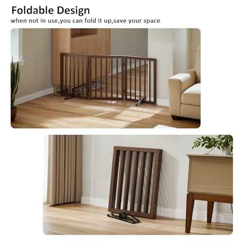 Wooden Dog Gate Freestanding Foldable 3 Panel Pet Gates Extra Wide Dog Gates for Indoor Doorways Stairs 24in Height Support Feet Included (Dark Brown / 3 Panel - 55 inches Wide)