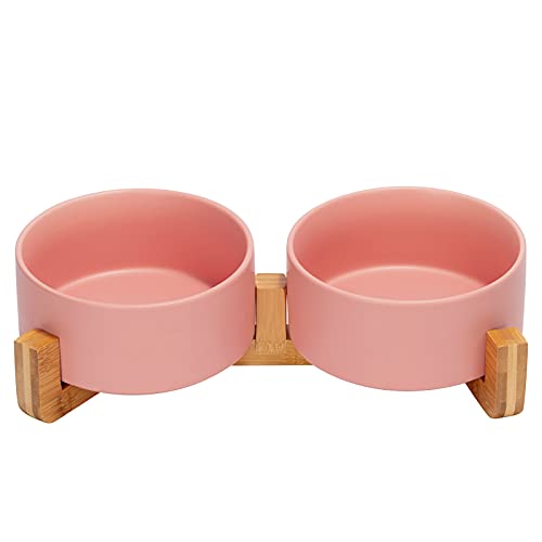 Ceramic Dog and Cat Bowl with Wood Stand Non (3.6 cups / Pink × 2)