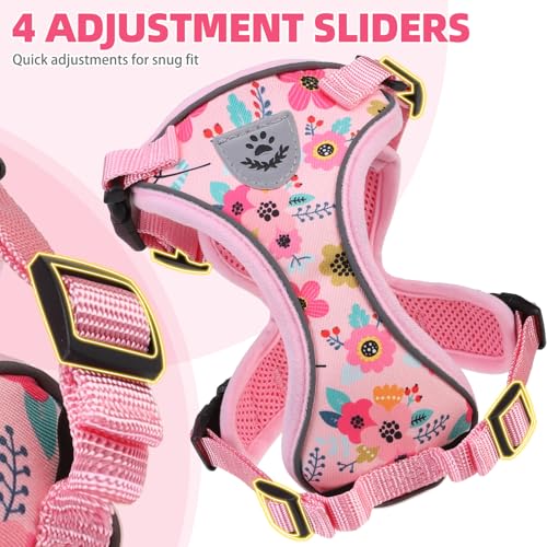 Cat Harness and Leash Set Escape Proof Reflective Cat Walking Harness Adjustable Soft Breathable Mesh Vest for Small Pets (S (NECK 9.5"-11", CHEST 13"-16") / Pink Flowers)