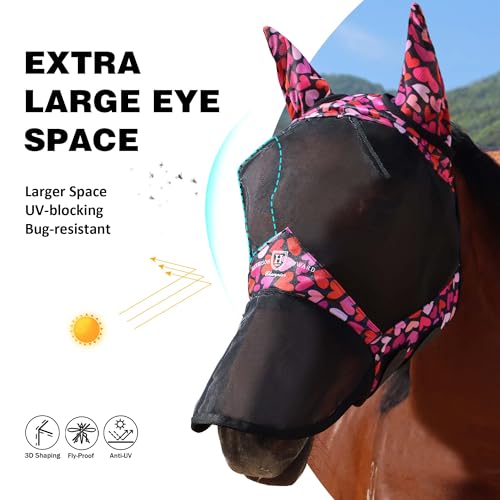 Pro LumiVista Horse Full Face Fly Mask Large Eye Space Long Nose with Ears UV Protection for Horse Cute Hearts M (Cute Hearts / M)