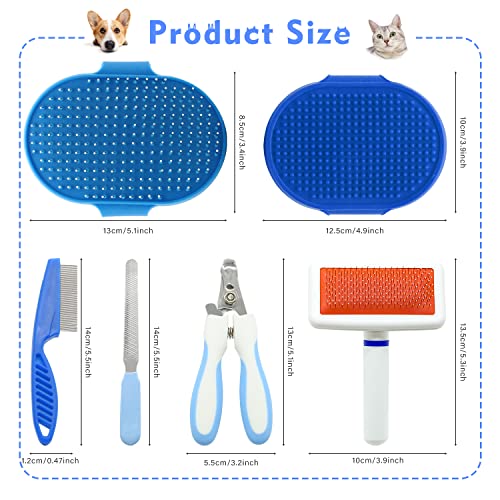 Pet Grooming Kit with Slicker Brush Bath Massage Glove Brush Pet Shedding Comb Nail Clipper Trimmer 6 Piece Set for Rabbit Kitten Guinea Pig Cat Chinchilla Ferret Small Animals (Blue)