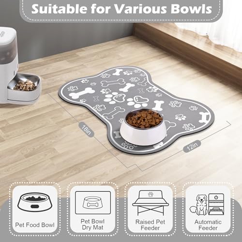 Dog Cat Food Mat (18"L x 12"W / Bone Shaped Grey)