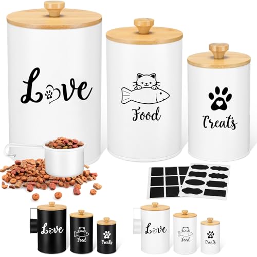Metal Airtight Cat Treat Container Set of 3 with Bamboo Lids and Spoon Cat Food Storage Container with DIY Labels Pen Pet Cookie Snack Food Storage Organizer Jars for Kitchen Counter (White)
