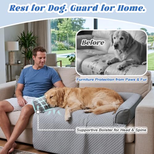 Cooling Dog Bed Mat with Bolster Pillow Washable Dog Couch Cover Breathable Summer Pet Couch Bed Protector Indoor (Cooling Grey / 45.0"L x 37.0"W x 6.0"Th)