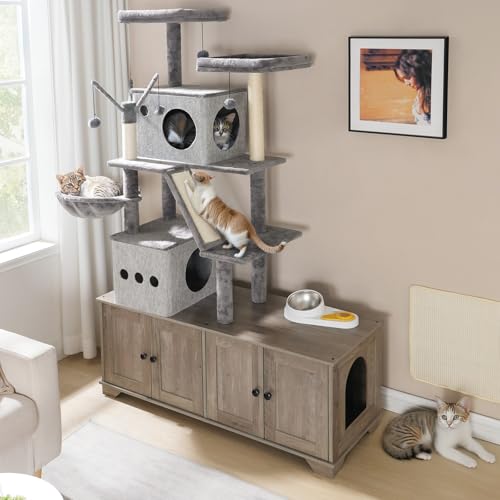 Double Litter Box Enclosure with Cat Tree (Greige)