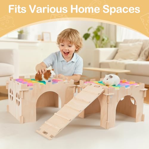 2 Pack Wooden Guinea Pig Hideout House with Stairs & Mats (2 Houses / Wood Color)
