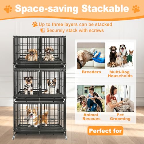 4 Pack Three Tiers 43" Stackable Heavy Duty Double Dog Crate Bank (43.0"L - 3 Tiers - 4P)