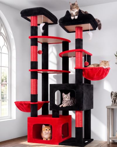 S74E Pro Gothic Heavy Duty Maine Coon Cat Tree for Large Cats (Black Red / 74 inch)