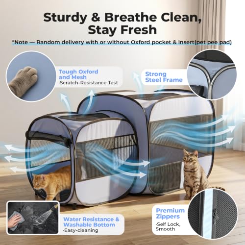 2-in-1 Dog Playpen Portable Cat Playpen, Non-Separable, No Assembly (Gray / Combo, 54"x 31.5"x 27.6"H)