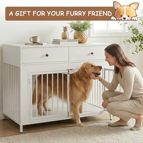 Large Dog Crate Furniture with 2 Drawers (pure white)