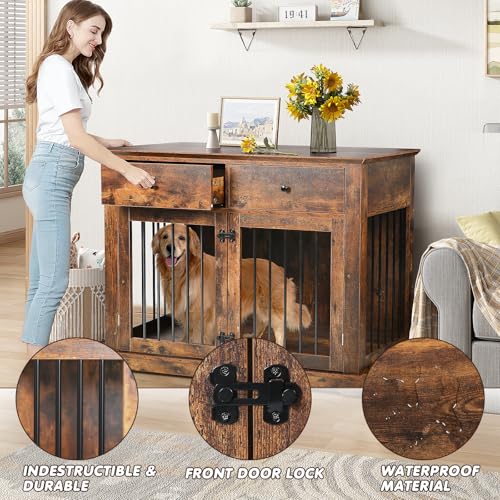 Large Dog Crate Furniture with 2 Drawers (Dark Brown)