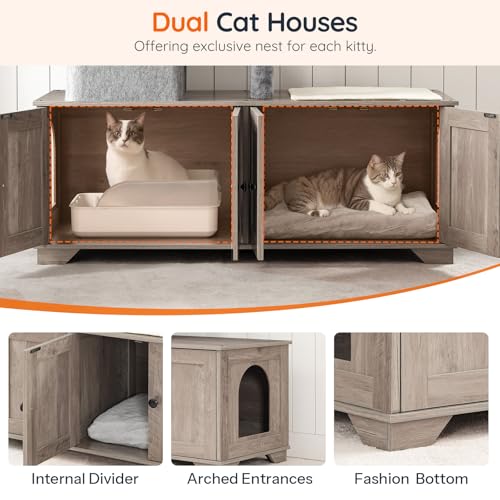 Double Litter Box Enclosure with Cat Tree (Greige)